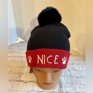 DOG MOM BLACK AND RED FAUX FUR POM POM BEANIE WITH PAWS AND NICE O/S